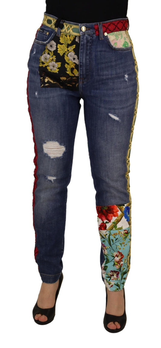 Blue Patchwork High Waist Denim Jeans