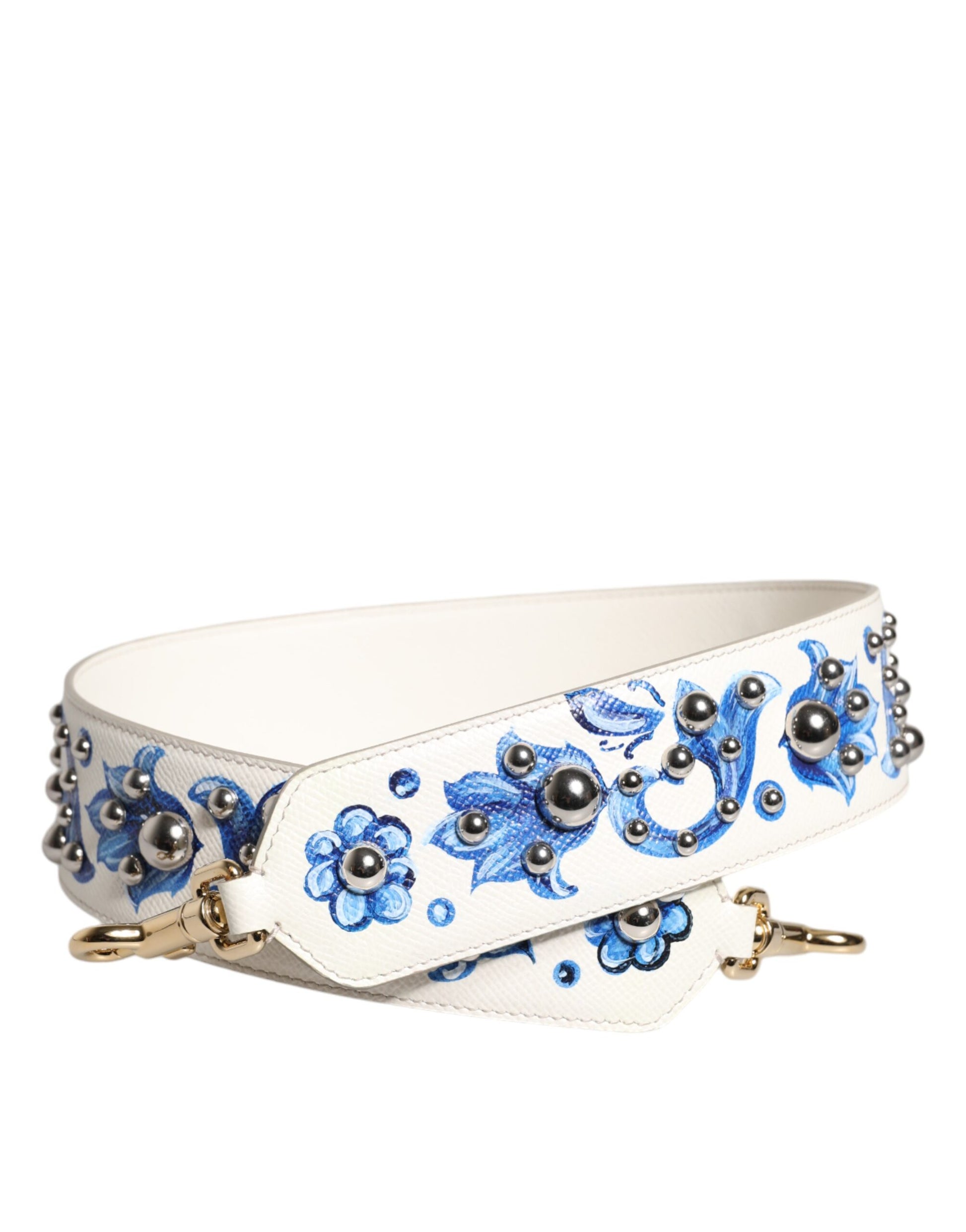 White Blue Floral Leather Stud Shoulder Strap