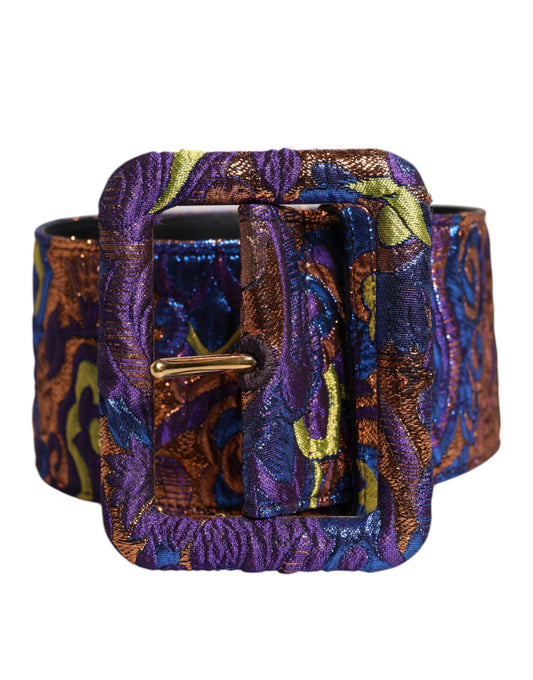 Multicolor Floral Jacquard Lurex Wide Waist Buckle Belt