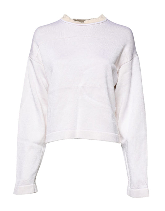White Viscose Crew Neck Long Sleeves Pullover Sweater