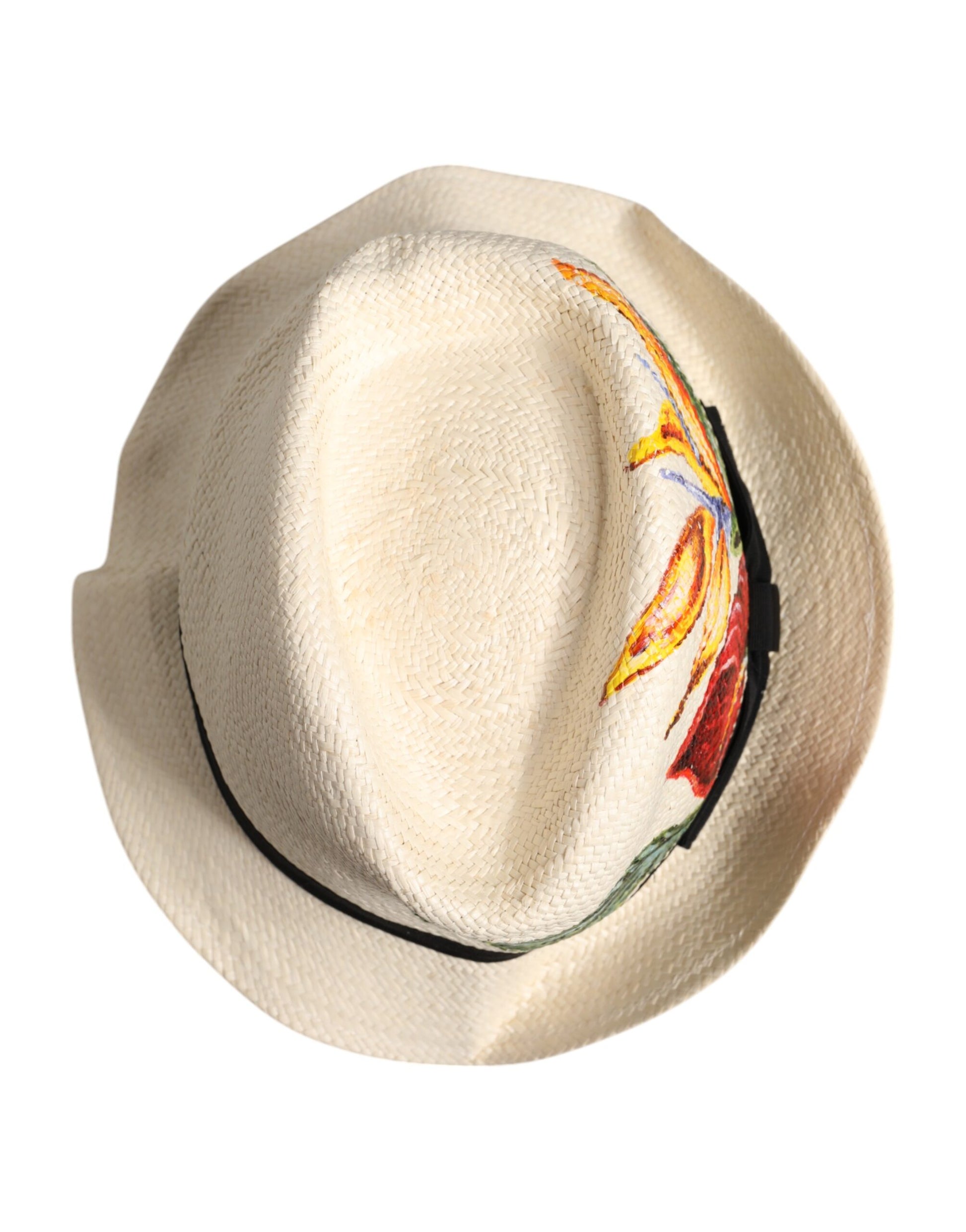 Beige Floral Print Straw Wide Brim Fedora Hat