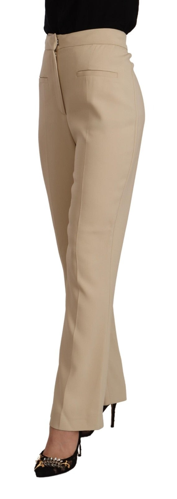 Beige Viscose High Waist Flared Dress Trouser Pants