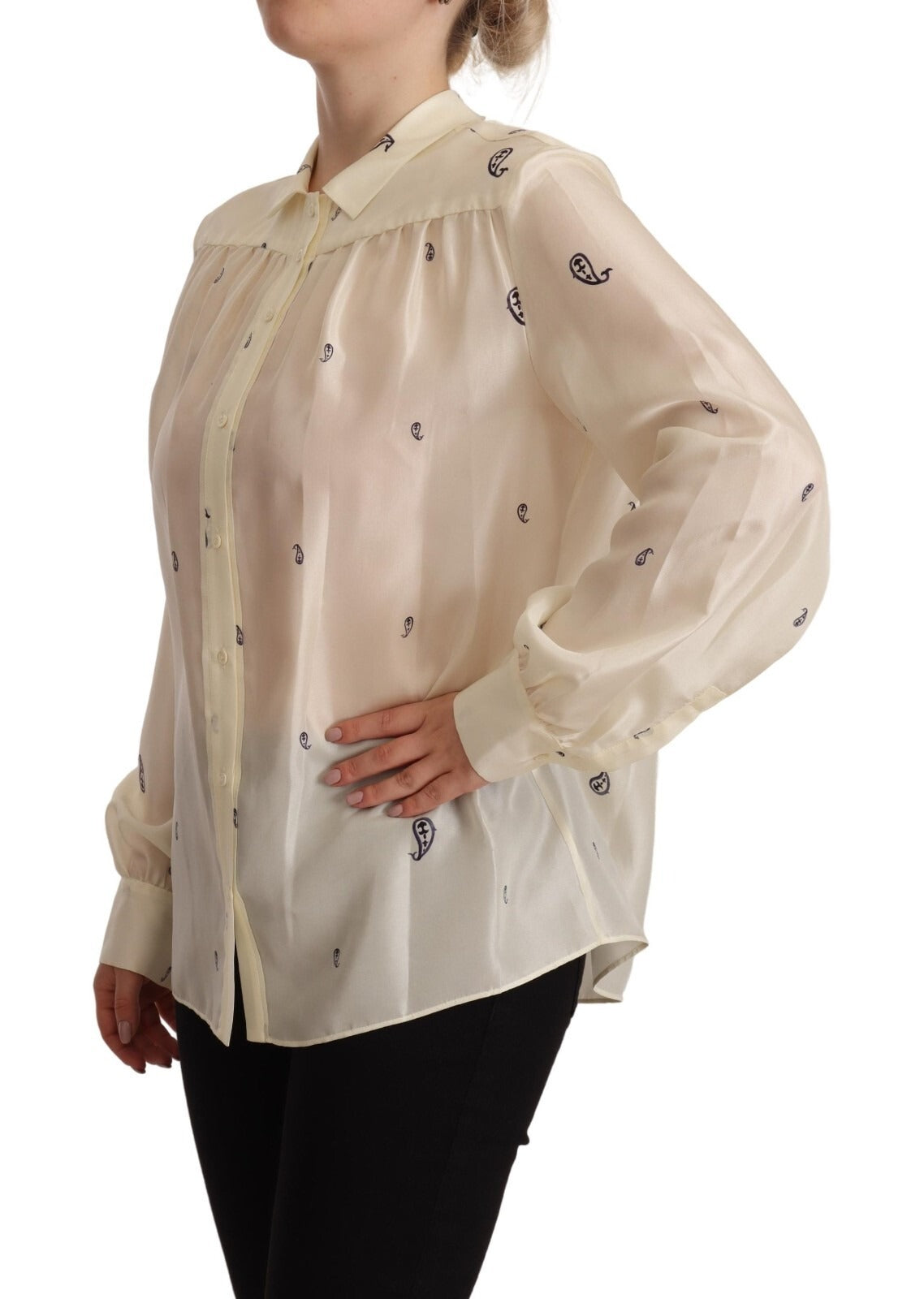 Off White 100% Silk Long Sleeves Collared Top Blouse