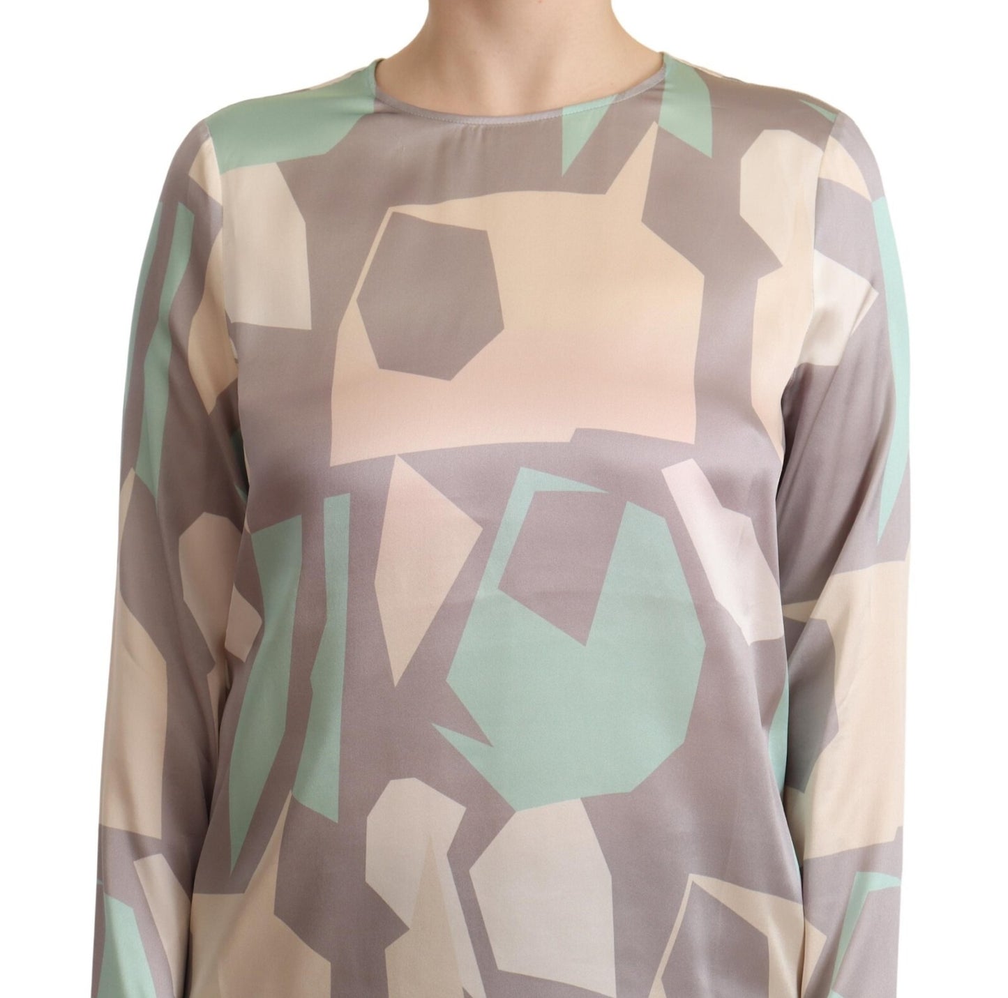 Multicolor Silk Long Sleeves Round Neck Top Blouse