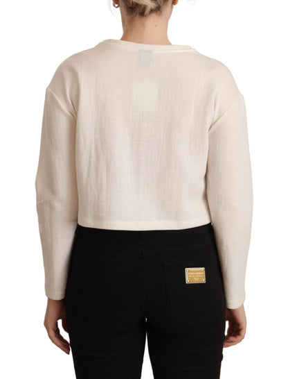 Beige Logo Long Sleeve Cropped Pullover Sweater