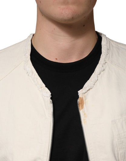 Off White Cotton Full Zip Denim Men Blouson Jacket