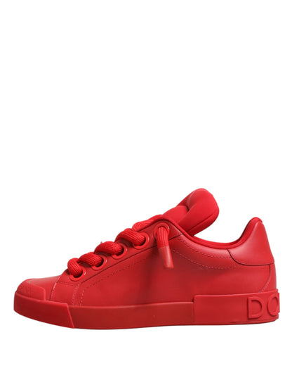 Red Leather Lace Up Low Top Sneakers Shoes