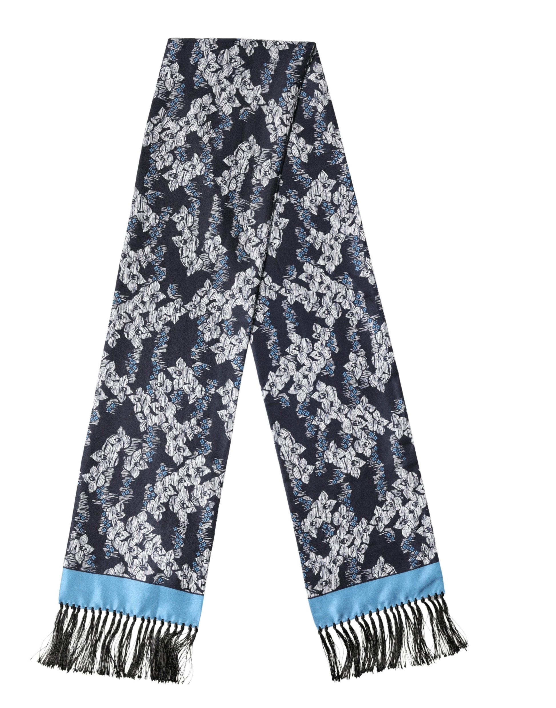 Black Blue Silk Floral Pattern Fringe 140cm x 16cm  Scarf