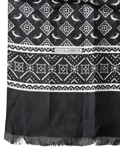 Black Gray Silk Bird Fringe Wrap Foulard 140cm X 23cm Scarf