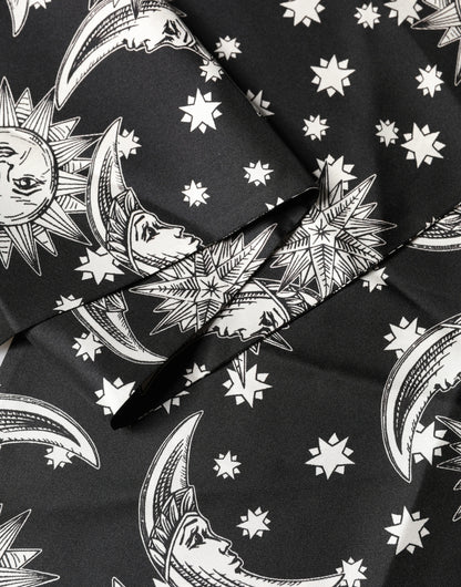Black Silk Sun Moon Star Fringe Foulard 178cm X 33cm Scarf