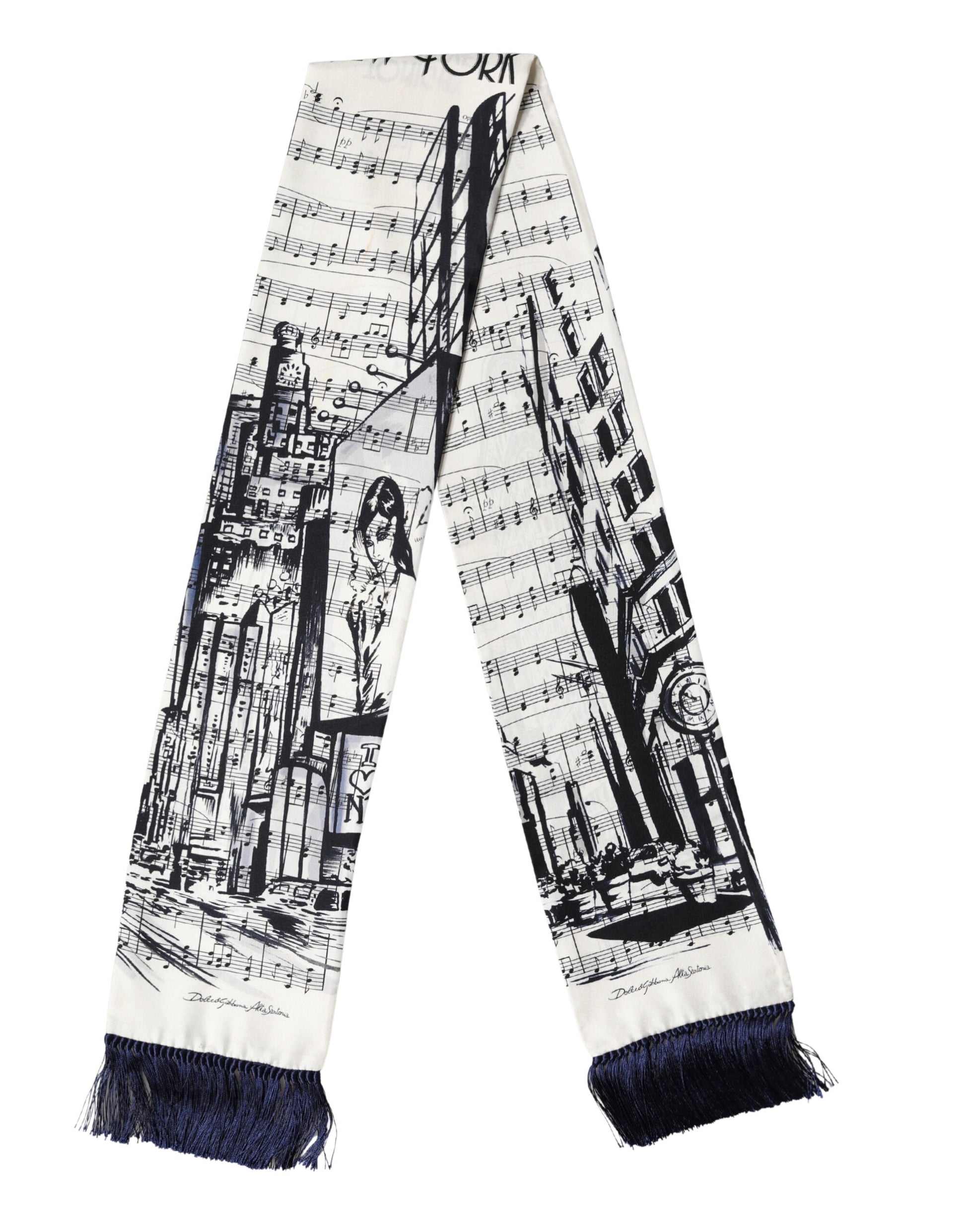 White Black Music City Print Silk Fringe 141cm X 15cm Scarf