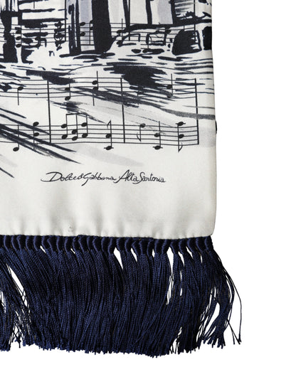 White Black Music City Print Silk Fringe 141cm X 15cm Scarf