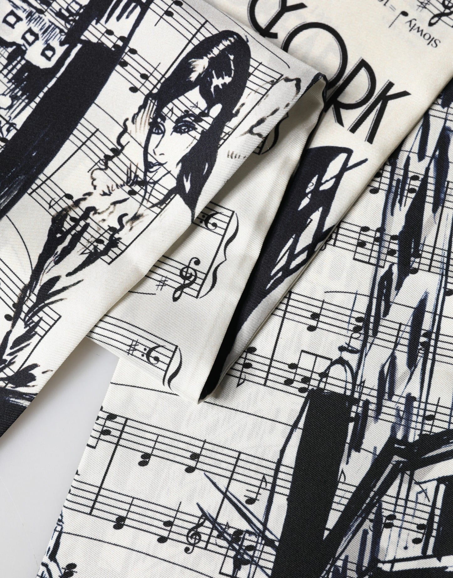 White Black Music City Print Silk Fringe 141cm X 15cm Scarf