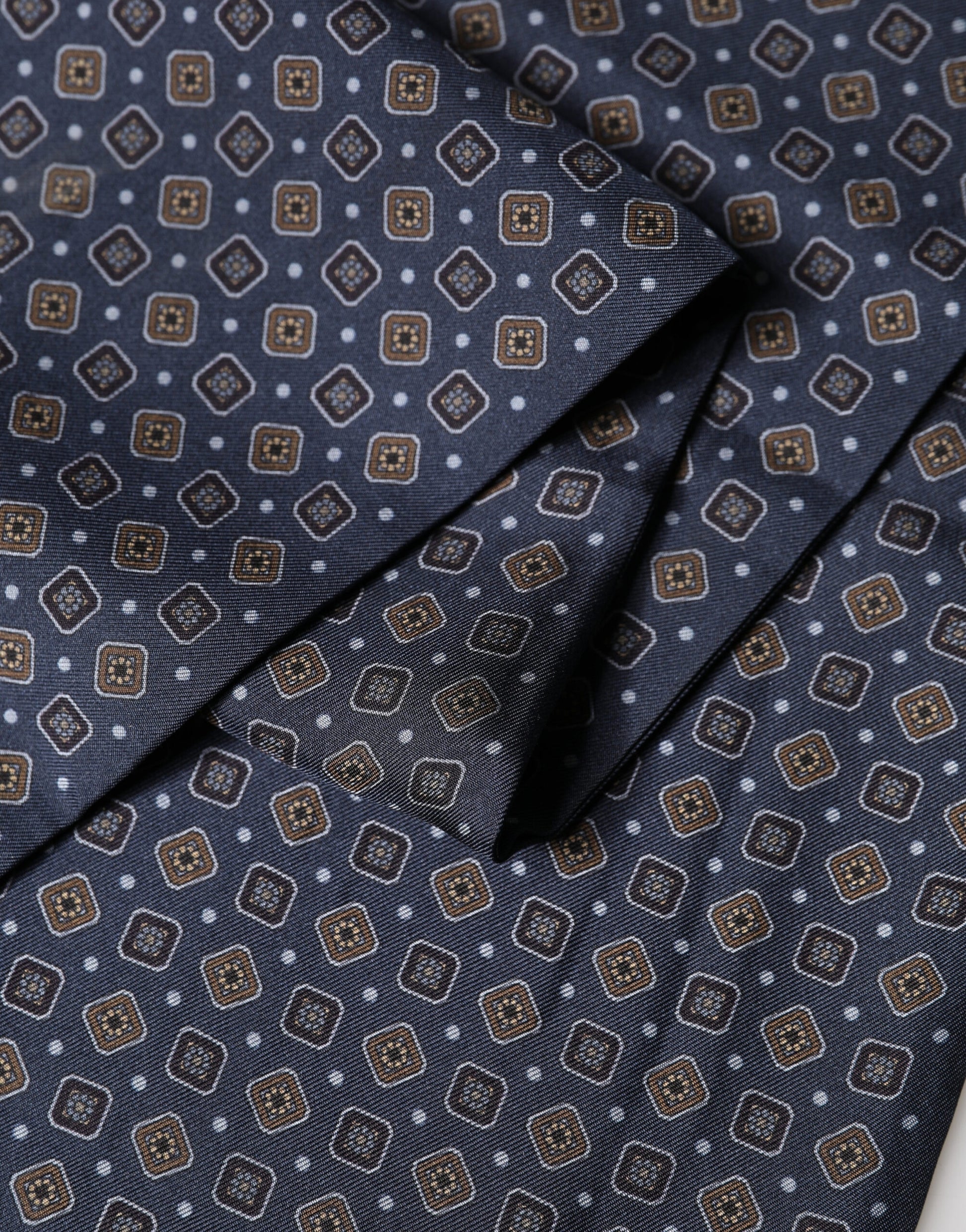 Navy Silk Geometric Fringe Foulard 137cm x 18cm Scarf