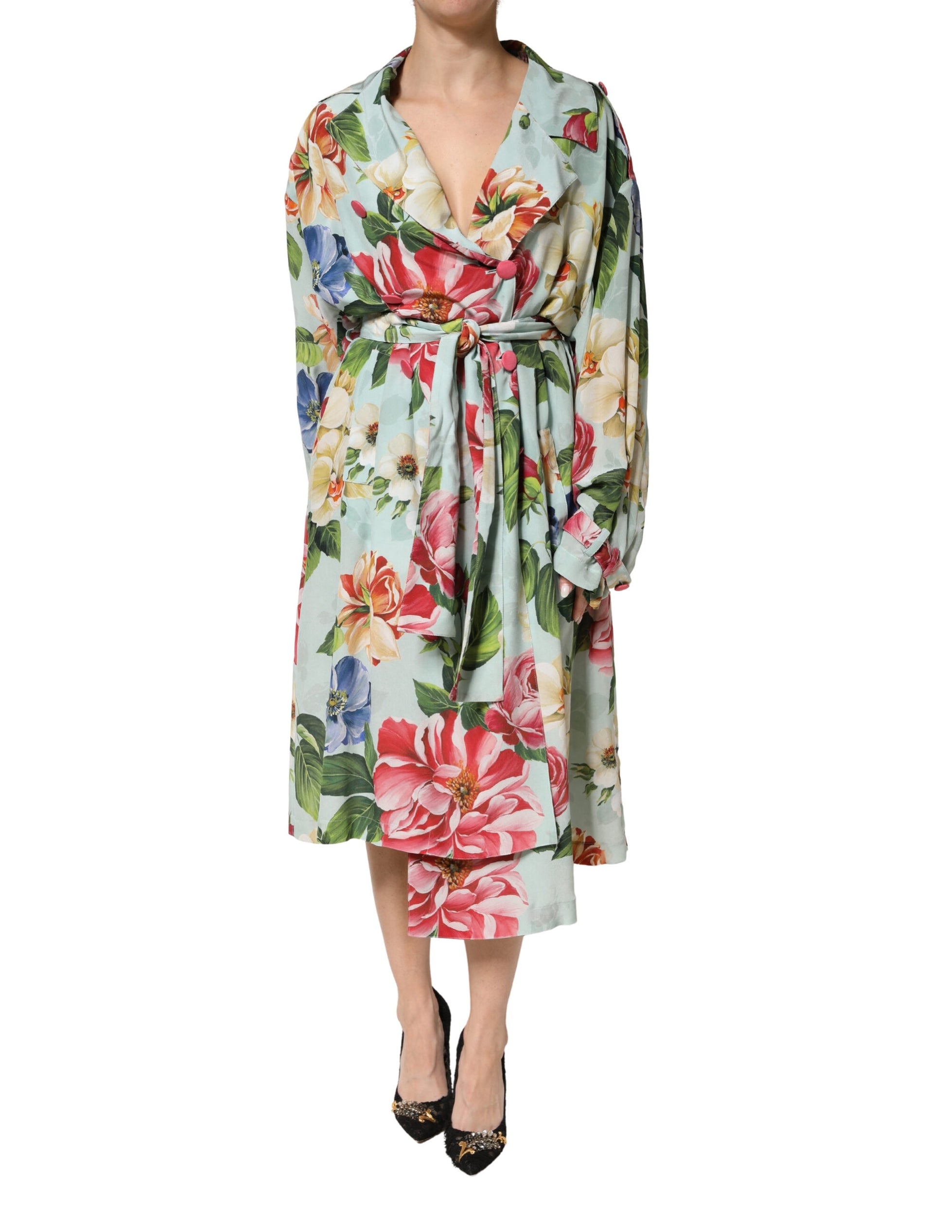 Green Floral Silk Wrap Midi Long Sleeve Dress