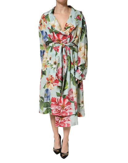 Green Floral Silk Wrap Midi Long Sleeve Dress