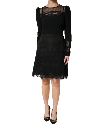Black Lace Sheer Panel Midi Long Sleeve  Dress