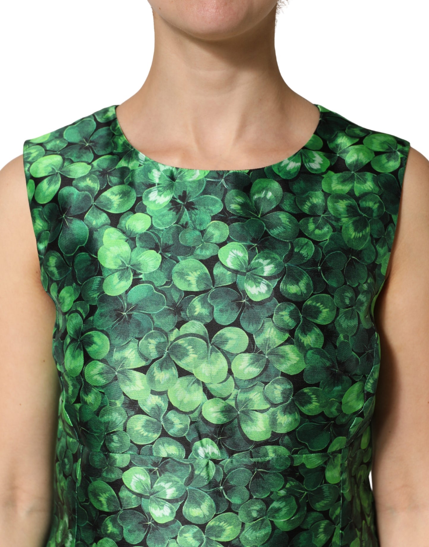 Green Clover Print Sleeveless A-Line  Dress