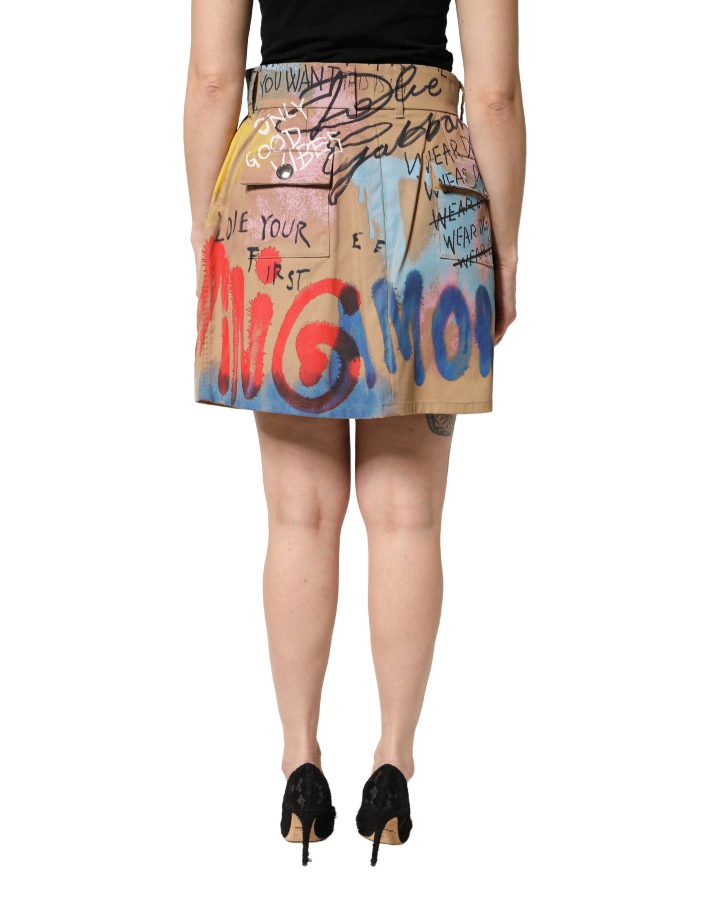Beige Graffiti Print Cotton Blend Mini Skirt