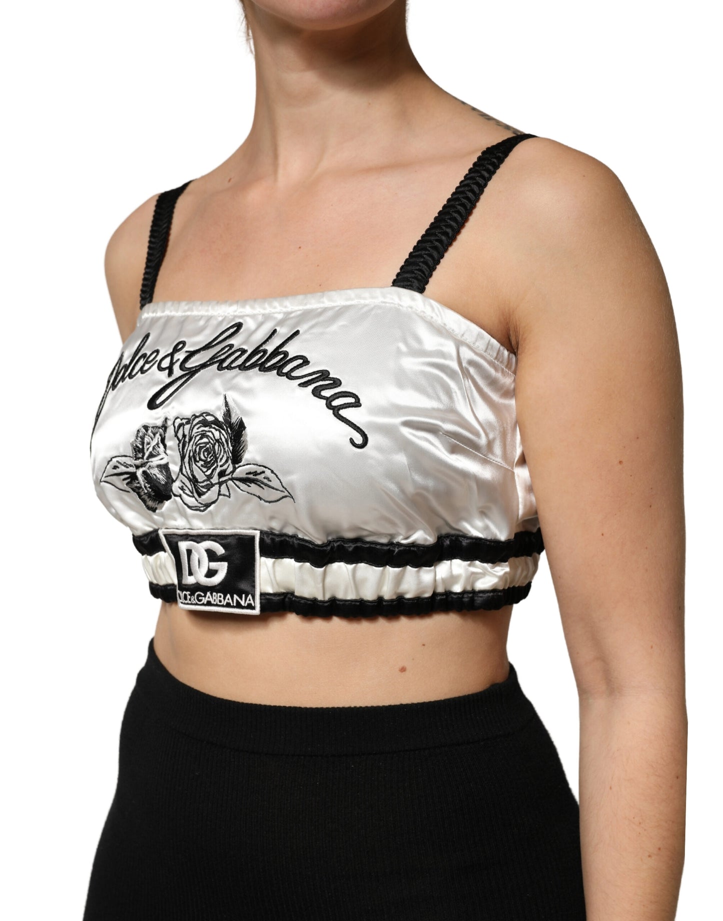 White Silk Satin Crop Black Logo Bralette Top