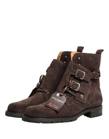 Brown Suede Leather Buckle Ankle Boots Shoes