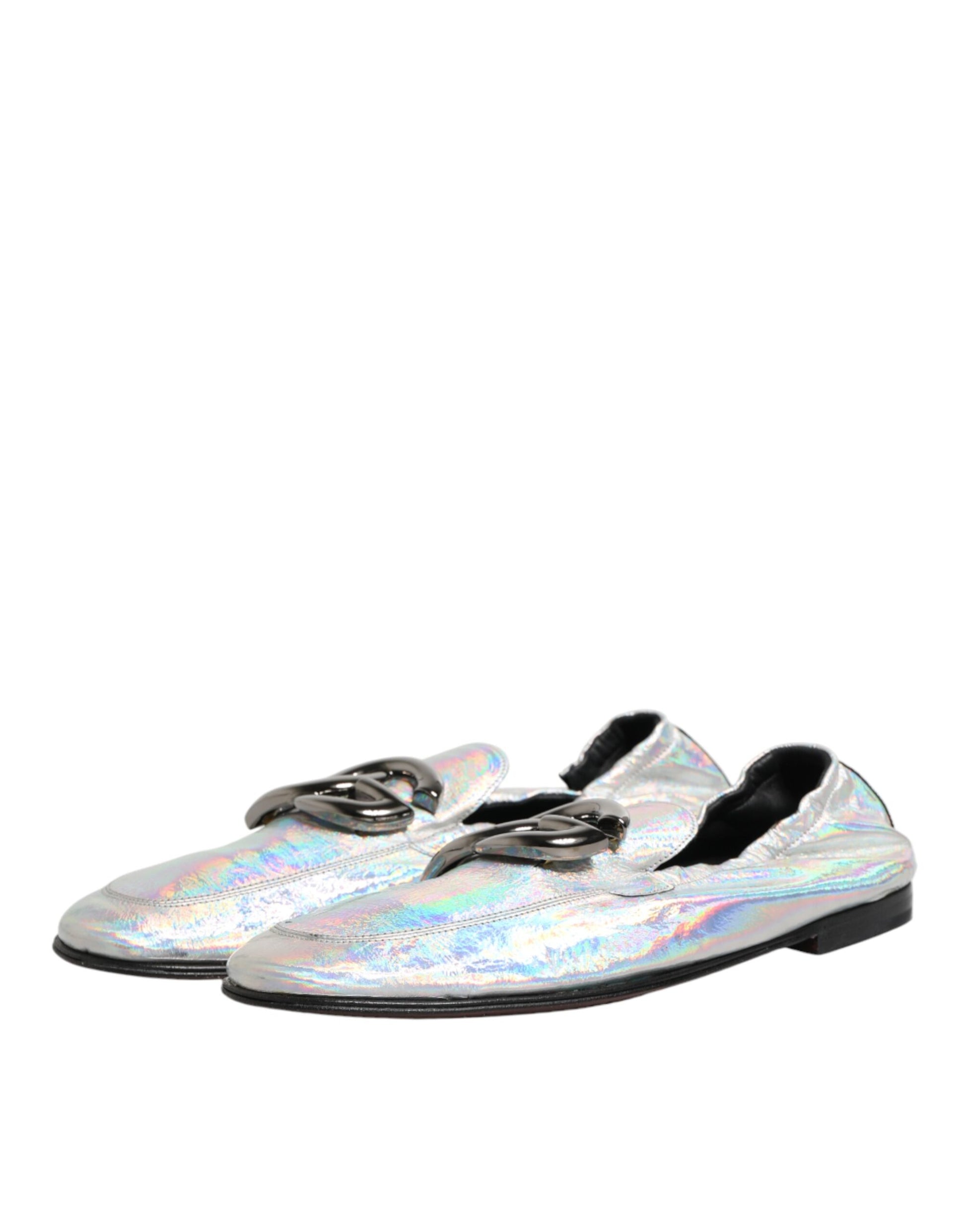 Silver DG Logo Holographic Leather Loafers Shoes
