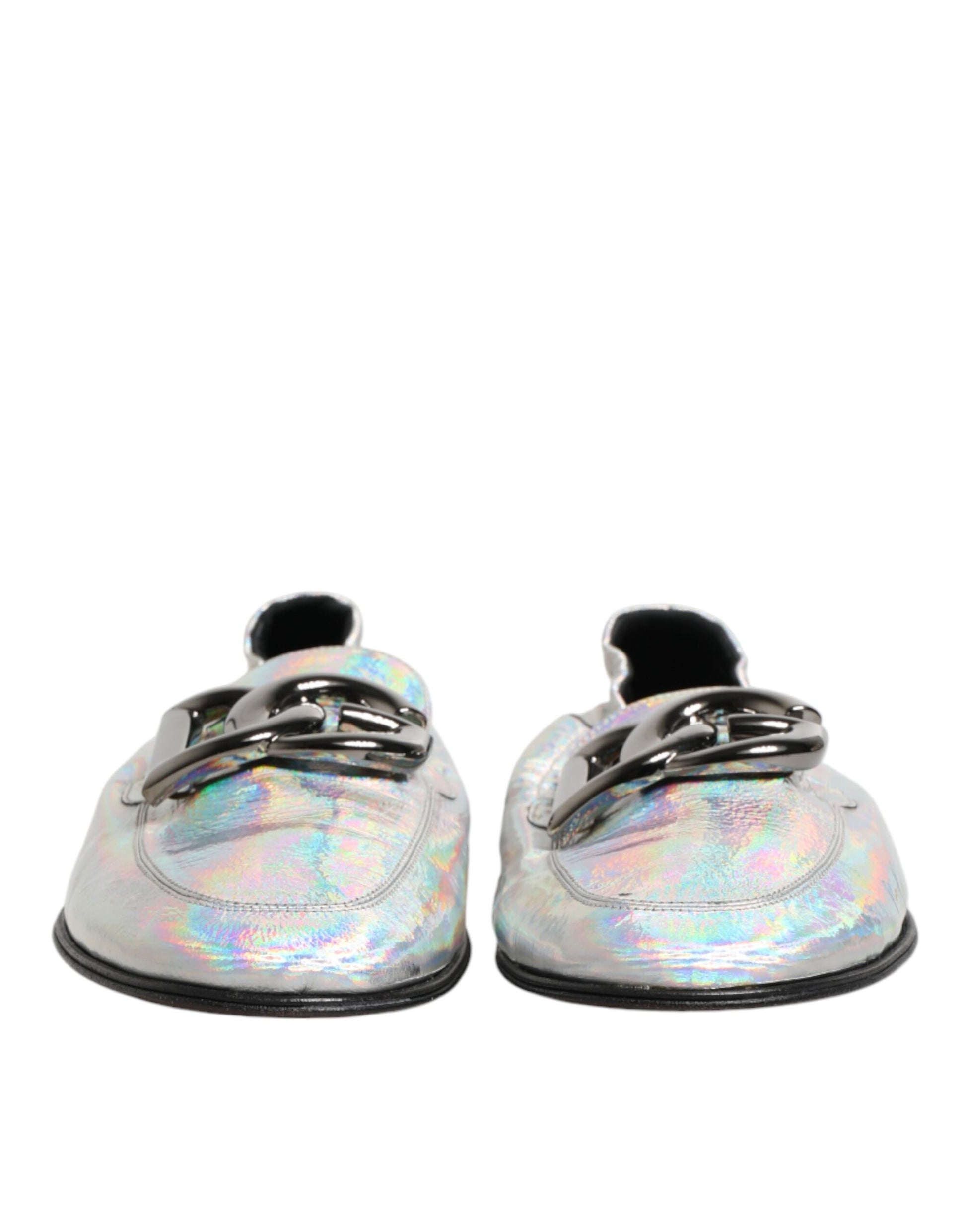 Silver DG Logo Holographic Leather Loafers Shoes
