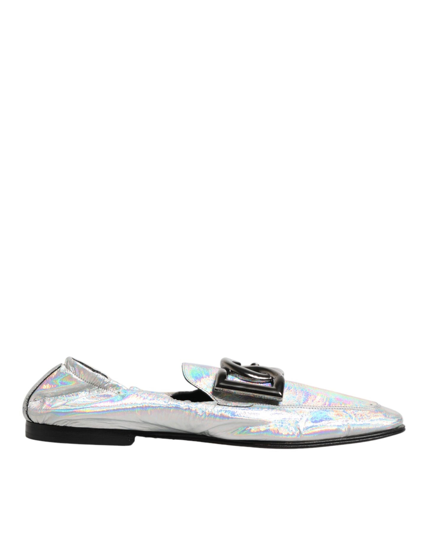 Silver DG Logo Holographic Leather Loafers Shoes