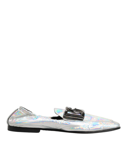Silver DG Logo Holographic Leather Loafers Shoes
