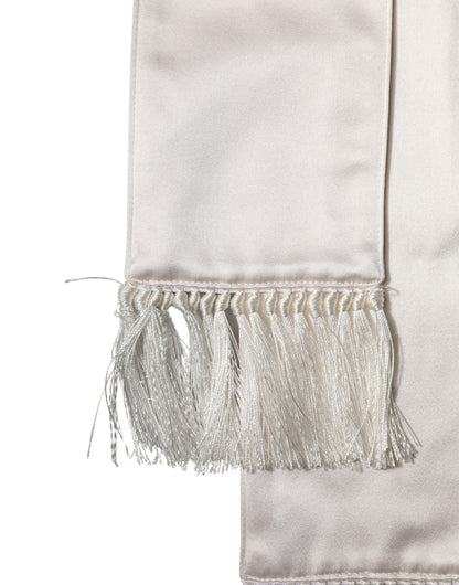 White Silk Satin Fringes Foulard 282cm x 10cm Men Scarf