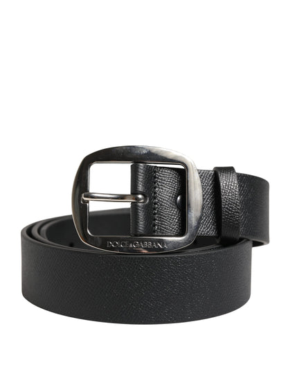 Black Calf Leather Silver Metal Buckle Belt