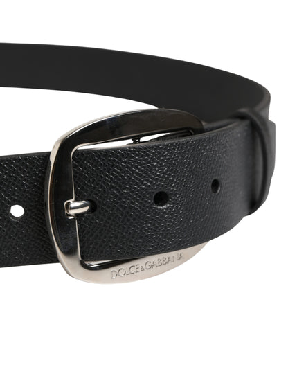 Black Calf Leather Silver Metal Buckle Belt