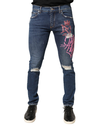Blue Distressed Graffiti Print Skinny Jeans