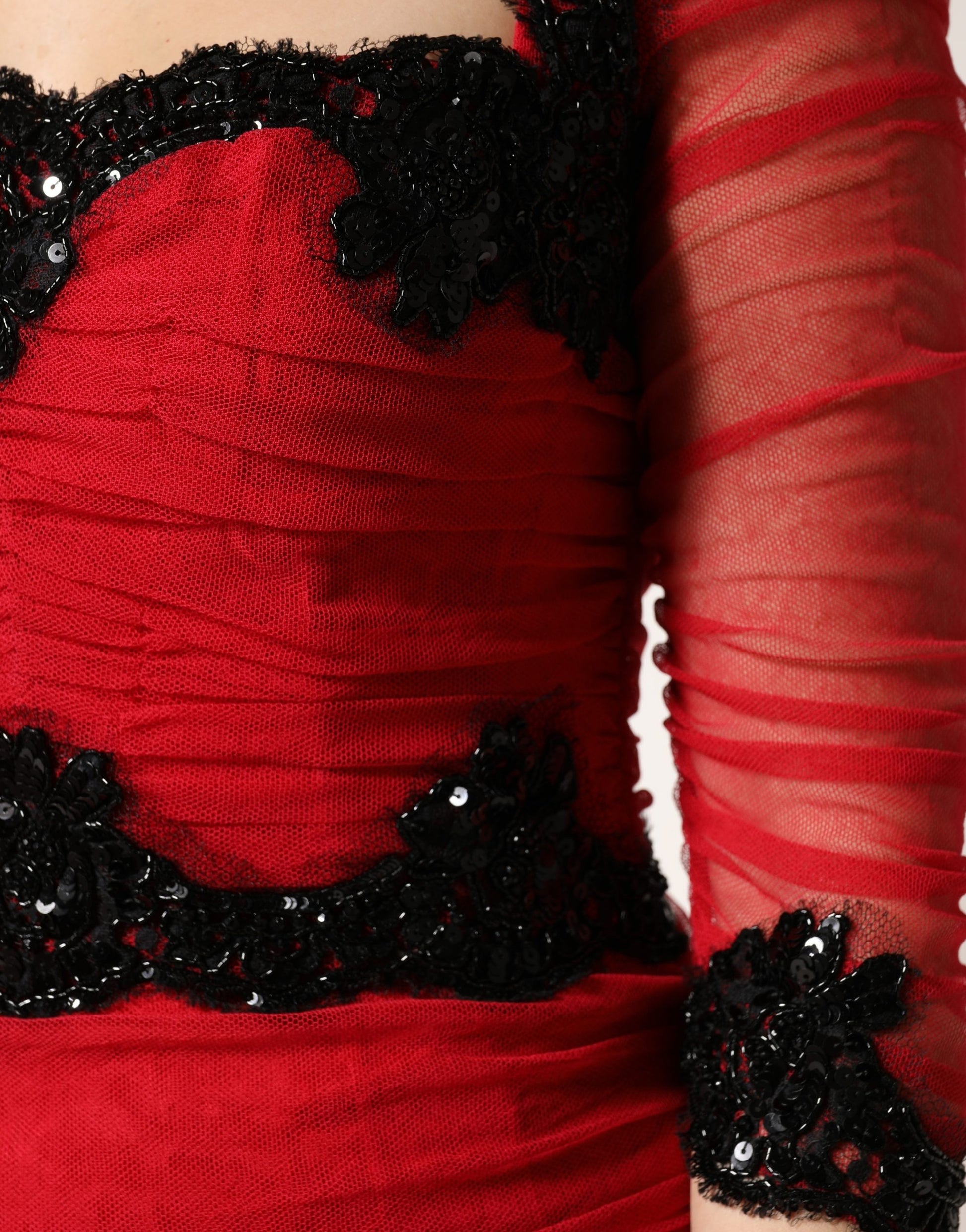 Red Mesh Trim Bodycon Sheath Midi Dress