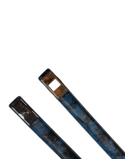 Men Blue Calf Leather Logo Metal Buckle Belt