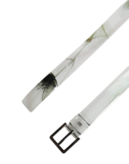 Men White Floral PVC Silver Metal Buckle Belt