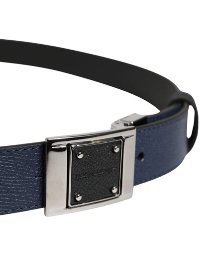 Men Blue Calfskin Leather Square Buckle Belt