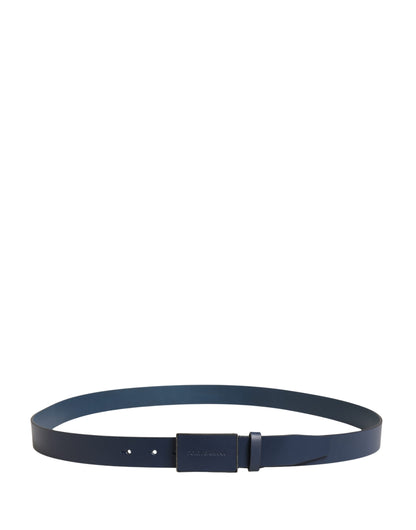 Dark Blue Calf Leather Logo Metal Buckle Belt