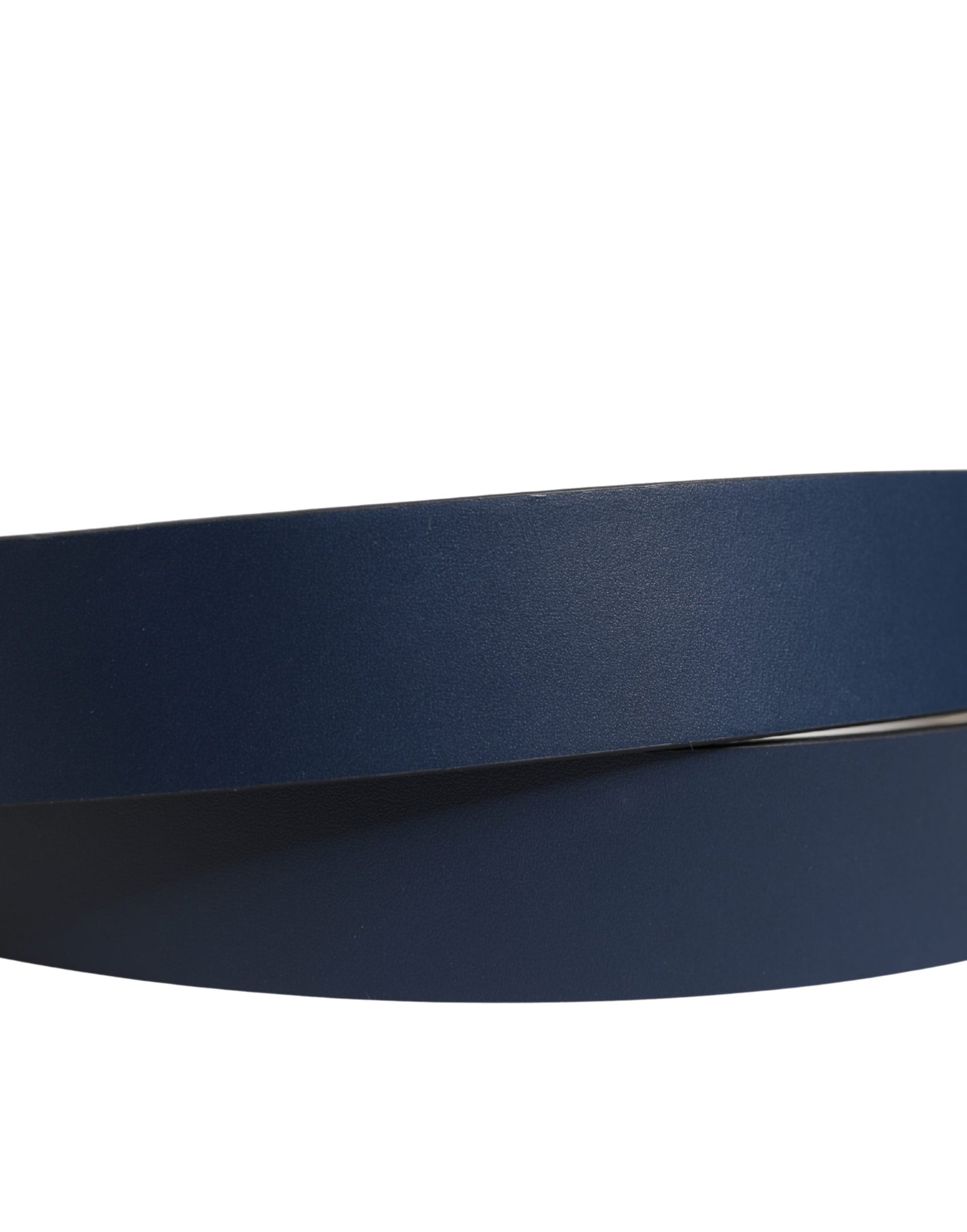 Dark Blue Calf Leather Logo Metal Buckle Belt