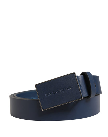 Men Blue Calf Leather Logo Metal Buckle Belt