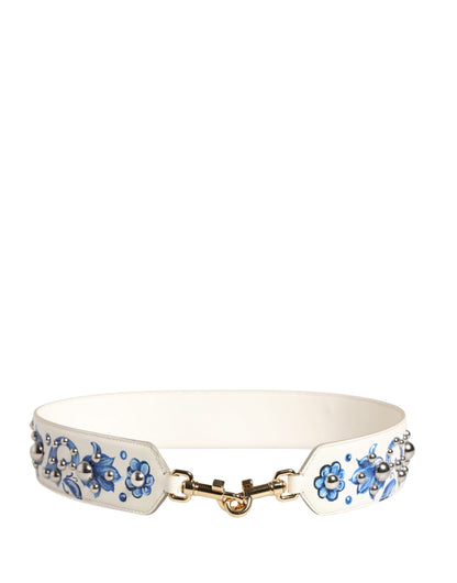 White Blue Floral Leather Stud Accessory Shoulder Strap