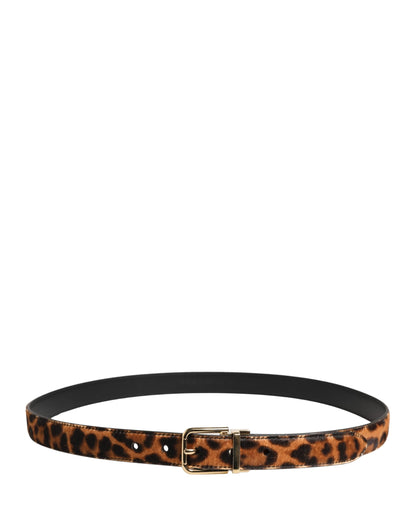 Brown Calf Fur Leopard Metal Buckle Belt