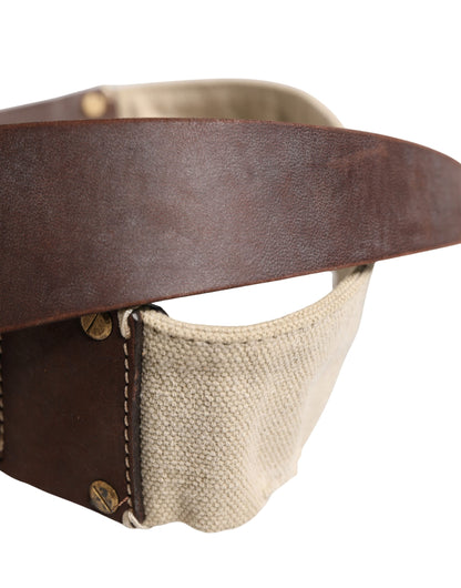 Beige Brown Leather Canvas Metal Buckle Belt