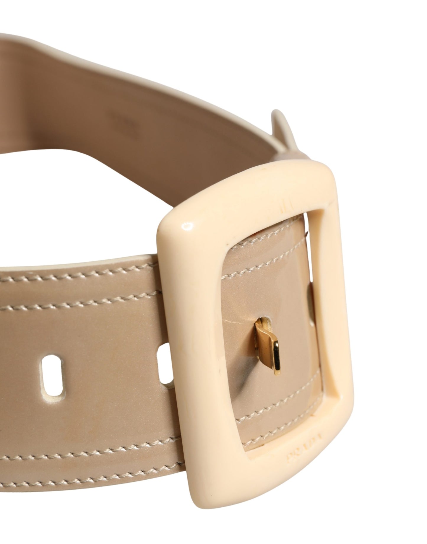 Beige Leather Logo Wide Waist Women Square Buckle Belt