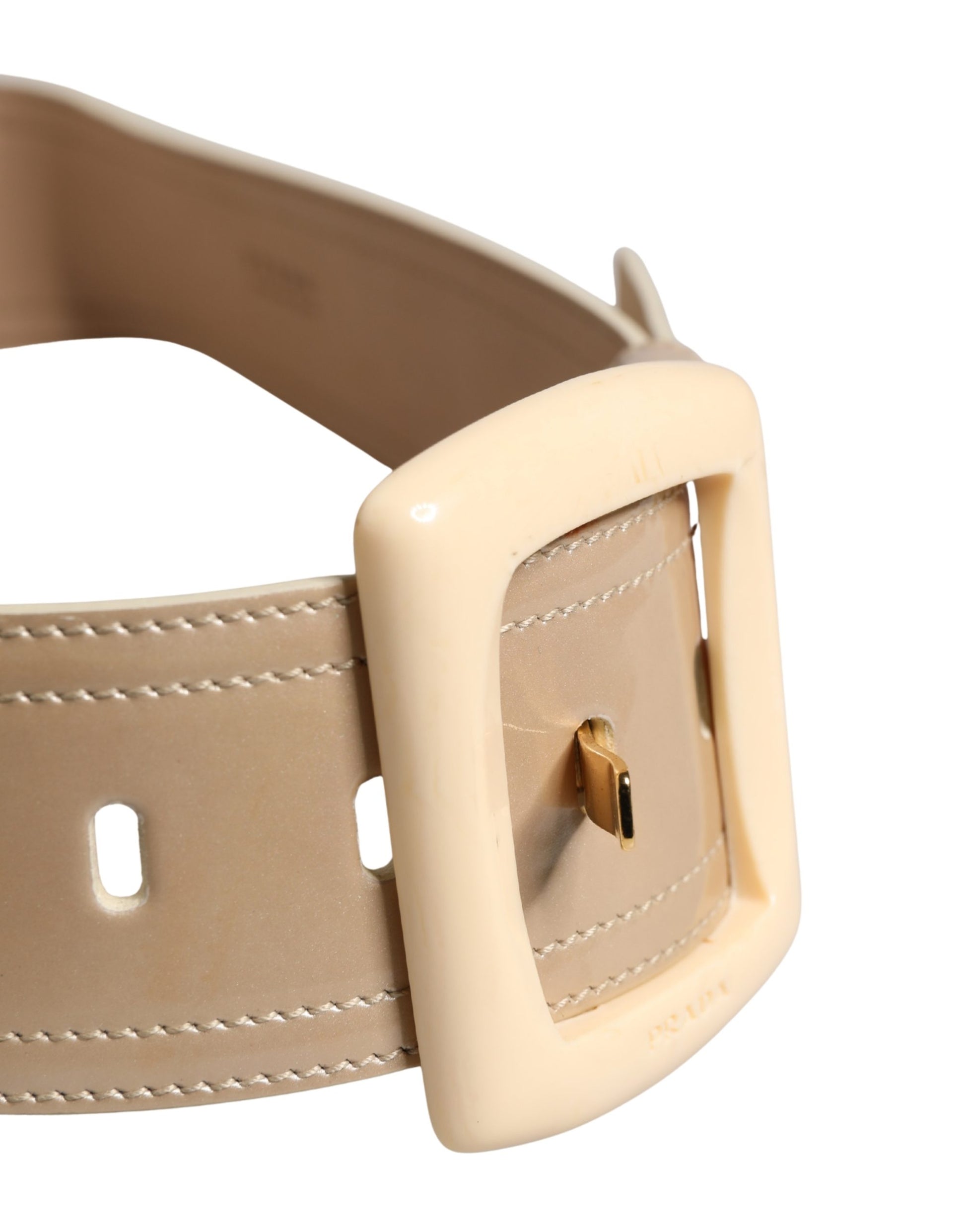 Beige Leather Logo Wide Waist Women Square Buckle Belt