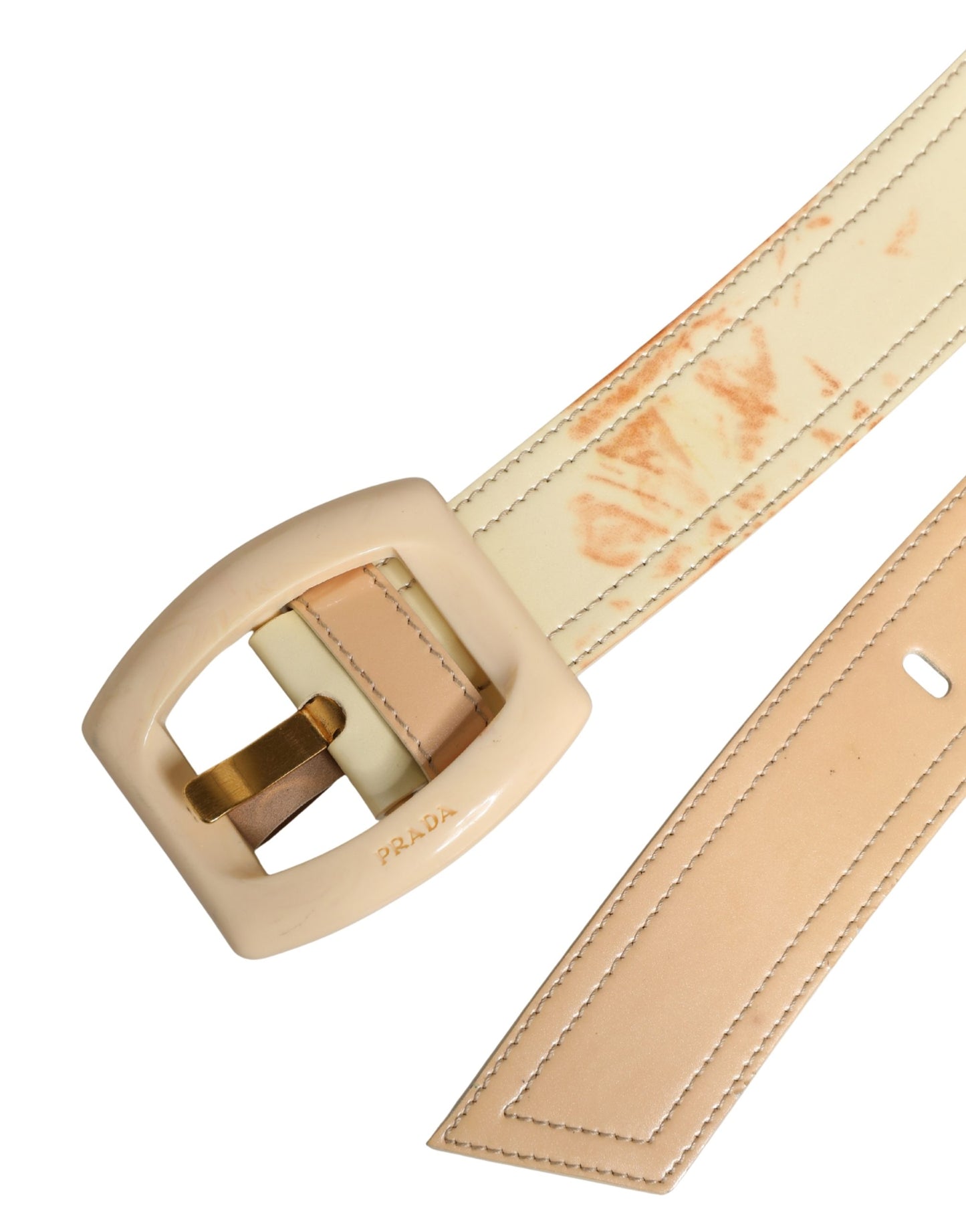 Beige Leather Logo Wide Waist Women Square Buckle Belt