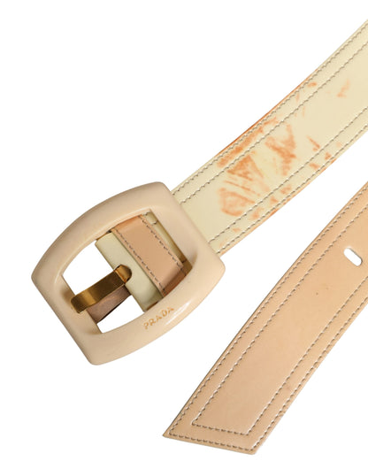 Beige Leather Logo Wide Waist Women Square Buckle Belt
