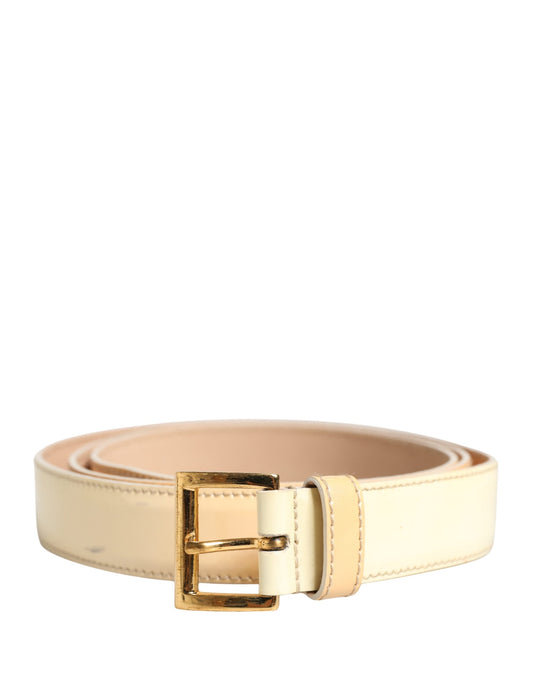 Beige Leather Logo Waist Women Gold Metal Buckle Belt