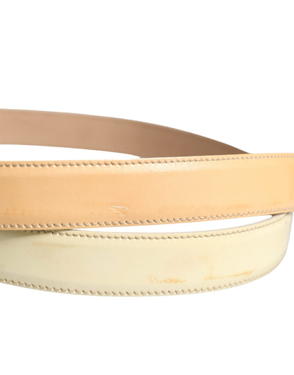 Beige Leather Logo Waist Women Gold Metal Buckle Belt