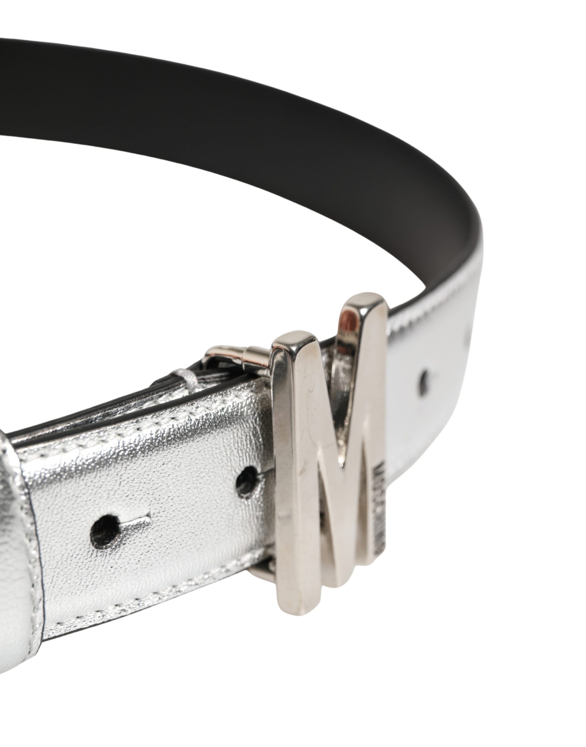 Silver Leather Logo Metal Buckle Waist Belt